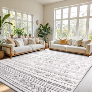 Terrug Boho Area Rug for Living Room, Grey 5x7 Washable Rugs with Non Slip Backing for Bedroom, Soft Geomtric Stain Resistant Moroccan Carpet for Dining Room Floor Decor