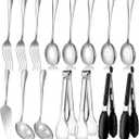 Serving Utensils Set for Partie, Silver Stainless Steel Metal Serveware Large Serving Spoons, Slotted Spoons, Forks, Tongs, Soup and Skimmer Spoon, Cake Server for Buffet, Catering, Entertaining 15pcs
