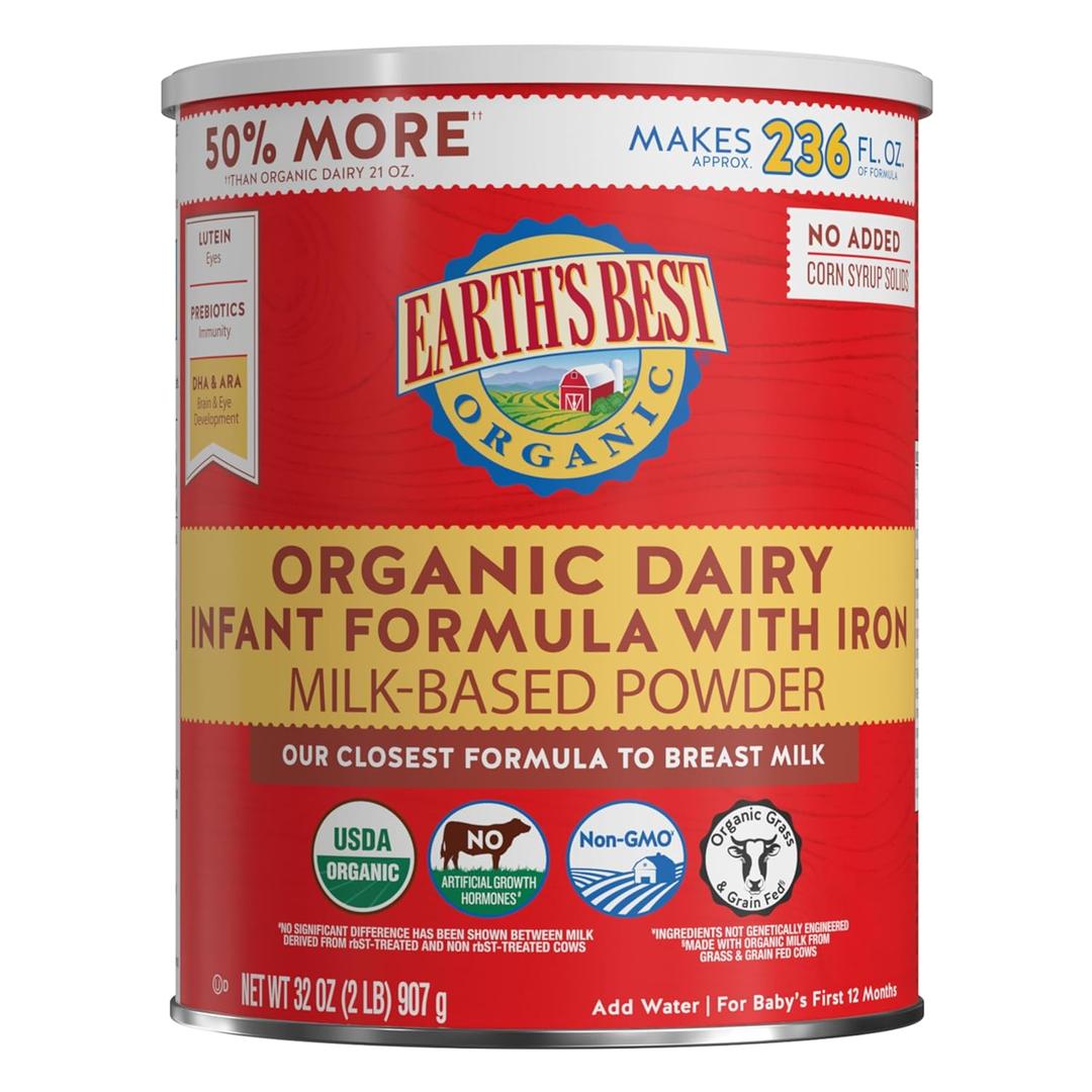 Earth's Best Organic Baby Formula for Babies 0-12 Months, Powdered Dairy Infant Formula with Iron, Omega-3 DHA, and Omega-6 ARA, 32 oz Formula Container (EXP 01/13/28)
