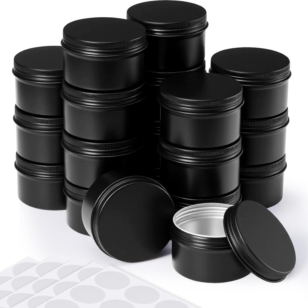 Patelai Black Aluminum Tin Cans 24 Pcs 4 oz Round Metal Tin Jar Containers Refillable Aluminum Storage Cans with Screw Lid and 10 Sheets Label Sticker for Salve Spice Candy Candle
