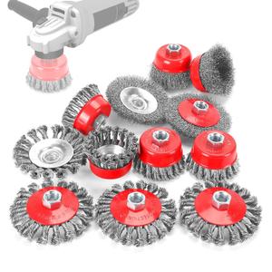 POLIWELL 12 Pack Wire Wheel Brush for Angle Grinder, 6pcs 4 Wheel Brushes, 6pcs 3 Cup Brush Set for 4 1/2 Grinders, 5/8 -11 Threaded Arbor, 0.020In Twisted Knotted Carbon Steel for Removal Rust