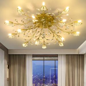 Crystal Ceiling Light Fixture Gold Leaves Semi Flush Mount Ceiling Lights,Kitchen Lighting Fixtures Ceiling for Bedroom Living Room Dining Room Hallway (15-heads)