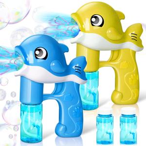 JOYIN 2 Bubble Guns Kit, Whale Automatic Bubble Maker Blower Machine with 4 Solutions for Kids, Party Favors, Summer Toy, Birthday, Outdoor & Indoor Activity (Yellow+blue)