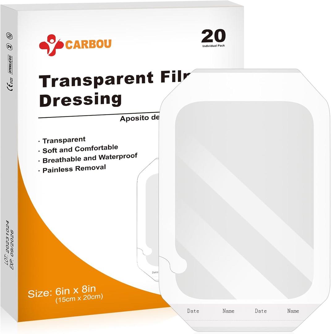 Carbou Transparent Film Dressing,6" x 8" Pack of 20 Waterproof Wound Bandage Adhesive Patches,Post Surgical Shower or IV Shield,Tattoo Aftercare Bandage