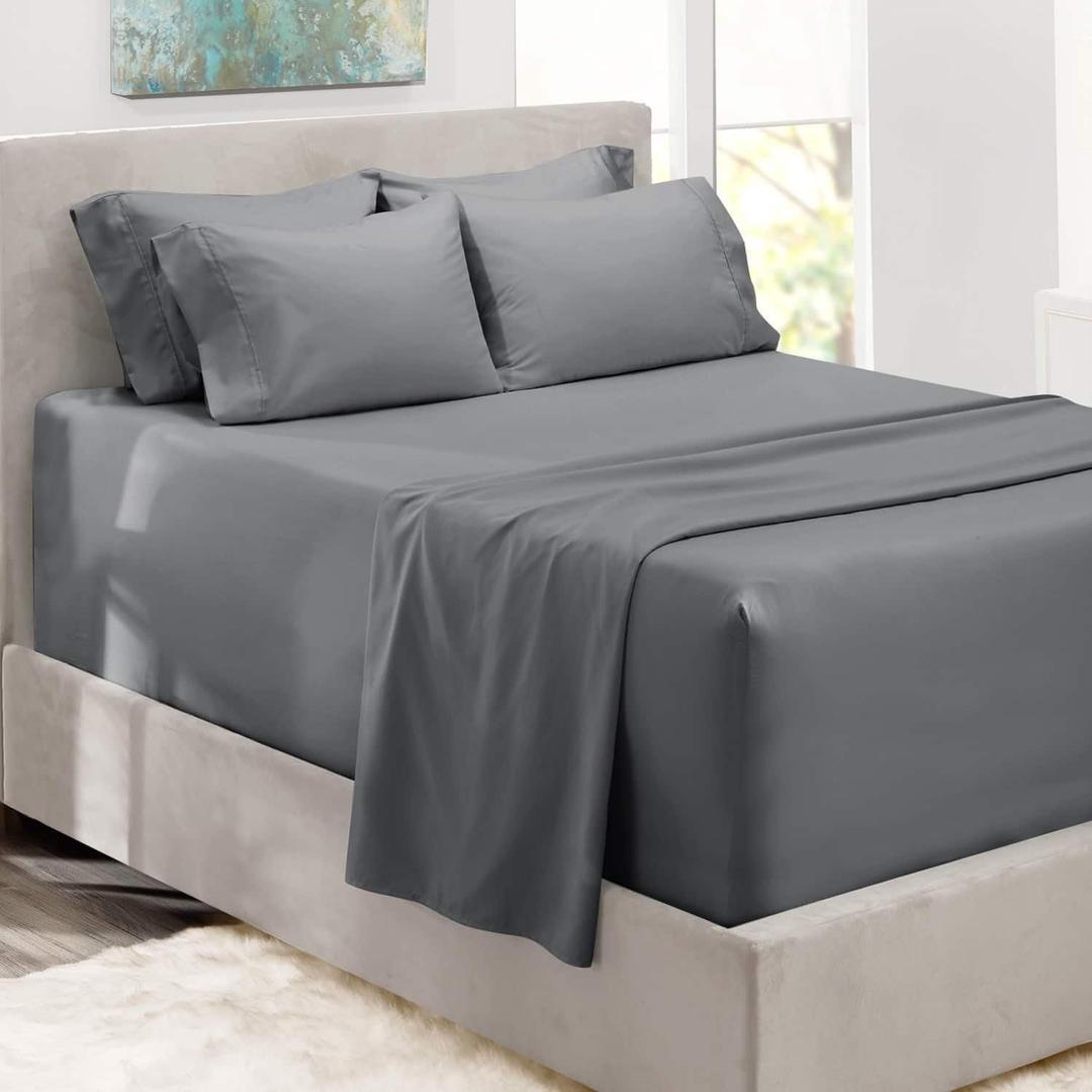 Hearth & Harbor Luxury Soft 6 Piece Bed Sheet Set Extra Deep Pocket Fitted Sheets Fits Mattress up to 21", Double Brushed Bedding Sheets & Pillowcases, King, Frost Gray