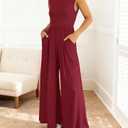 BTFBM Womens Casual Jumpsuits Dressy 2026 Spring One Piece Outfits Crew Neck Sleeveless Knit Wide Leg Pants Romper Beach(Wine Red, Medium) (M)