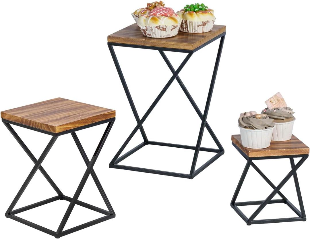 MyGift Rustic Burnt Solid Wood Square Pizza Riser Display Rack with Twisting Black Metal Legs, Nesting Dessert Cupcake Risers Cake Stand and Food Platter Holder, 3 Piece Set