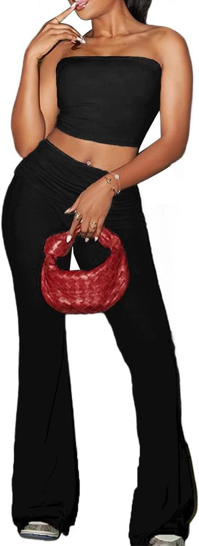 Sexy Women's 2 Piece Lounge Sets Pajama Outfits Casual yoga Crop tube Top High Waist Wide Leg Foldover Flare Pants (Black, Small)