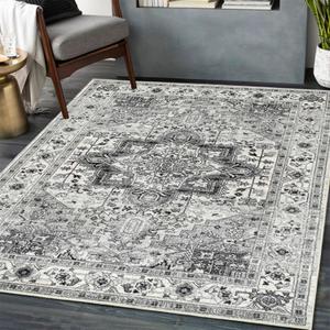 5x7 Machine Washable Area Rug, Ultra Soft Low-Pile Boho Vintage Carpet, Non-Slip Indoor Rug for Living Room, Bedroom (Gray) (Grey)