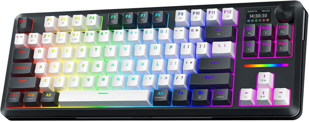 Redragon K746 Wireless Mechanical Keyboard with TFT Screen and Knob, Gasket Gaming Keyboard in TKL Layout, Hot swap Pre-Lubed Switches, RGB Backlight, for PC/Mac (Black&White)