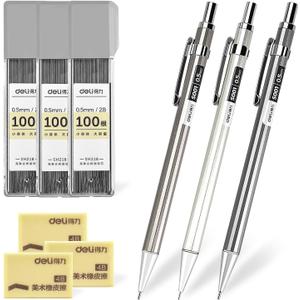 deli 0.5mm Metal Mechanical Pencil Set, 3 PCS Mechanical Pencils with 3 Tubes 2B Lead Refills and 3 Erasers, Writing & Drawing Pencil Kit for Back to School Stationery Supplies(Random Color)