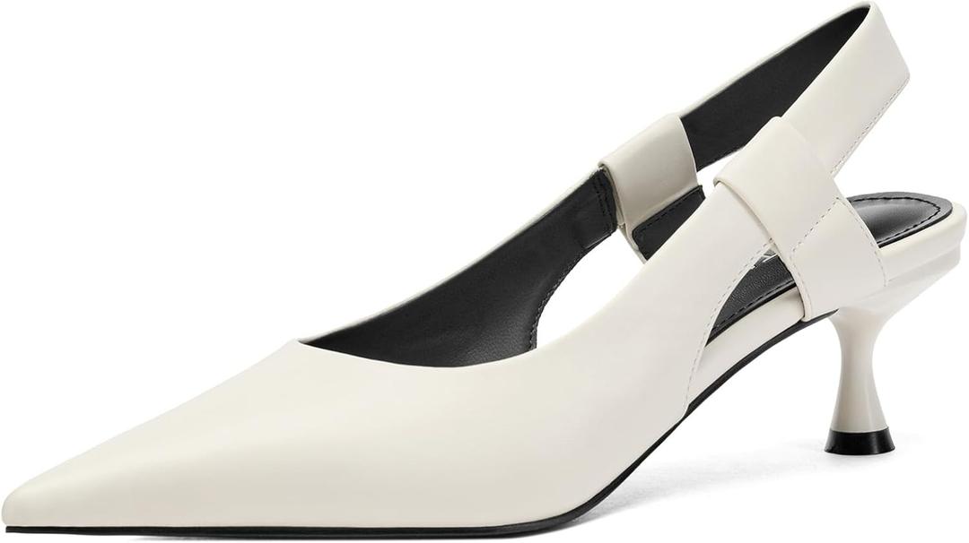 Pointed Toe Slingback Kitten Heels for Women, Leather Stiletto Heel Pumps with Elastic Strap Elegant Bridal Heel Dating Party Work Office Backless Pumps Shoes (7.5, White)