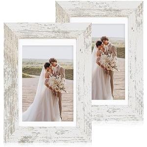 Hongkee 5x7 Picture Frame Set of 2, Made of Real Glass and Distressed White Wooden Frame - Display Pictures 4x6 with Mat or 5x7 Without Mat, 5 by 7 Photo Frame for Wall or Tabletop Display