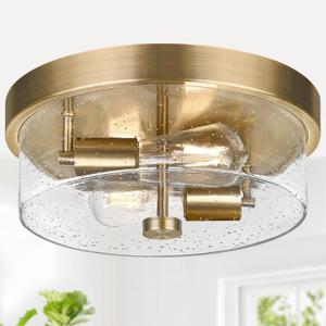 Flush Mount Ceiling Light Fixtures, 2-Light Brass Ceiling Mount for Farmhouse with Seeded Glass Lampshade, Industrial Hall Flush Mount Light Fixture for Hallway, Kitchen, Entryway, Bedroom and Foyer