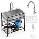 30x18 Inch Stainless Steel Utility Sink-Freestanding Laundry Sink Practicality With Accessories Stainless Functional Faucet,Soap Dispenser, SS Sink Grid For Laundry,Garage,Outdoor Kitchen,Garden...