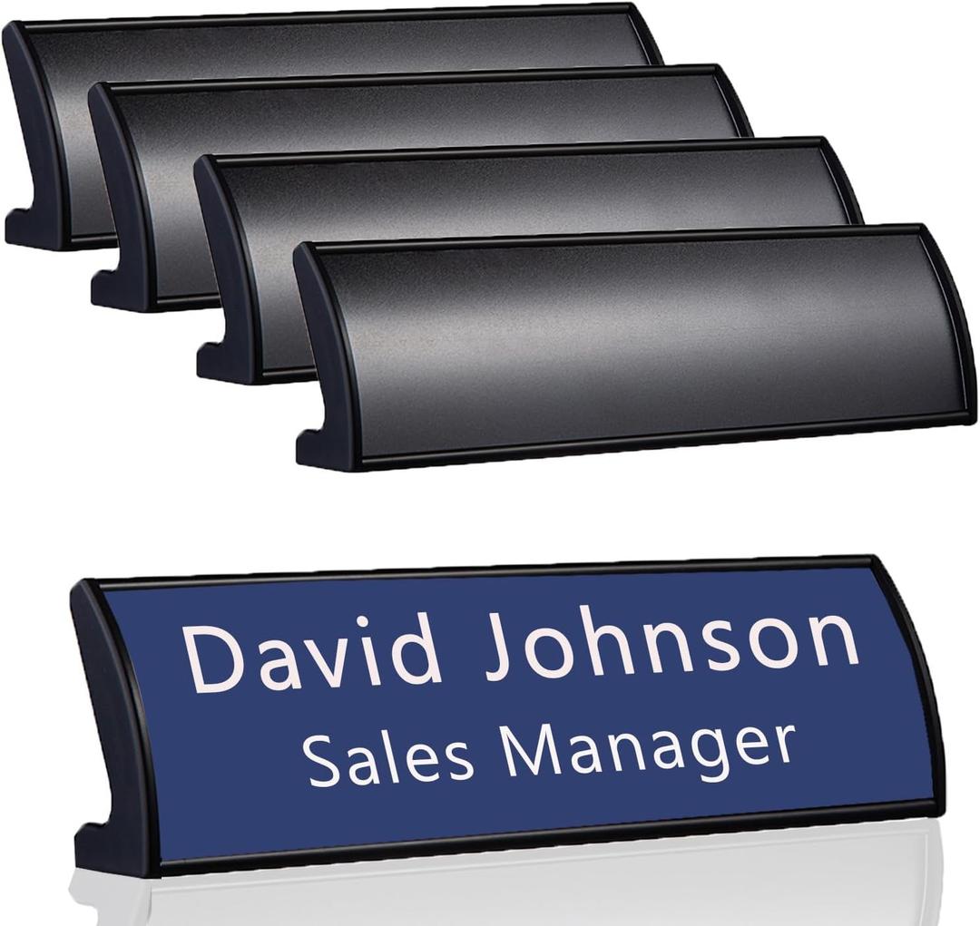 5Pcs Name Plate Holder for Desks, 2.36'' x 8'' Curved Sign Holder Stand for Table Display, Aluminum Nameplate Stand with Plastic Film - Black