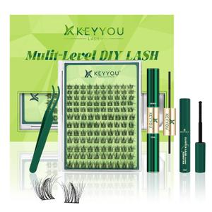 KEYYOU Lash Extension Kit 3D Effect Volume Lash Clusters Kit 120pcs D Curl Waterproof Kit DIY Eyelash Extension Kit with Bond and Seal Lashes Glue Remover Applicators (Kit-PuffSilk V3D02-8-18MIX)