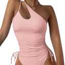 Eomenie Women's One Piece One Shoulder Swimsuit with Drawstring Tummy Control Bathing Suit Sexy High Cut Swim Suits (Pink, XXL)