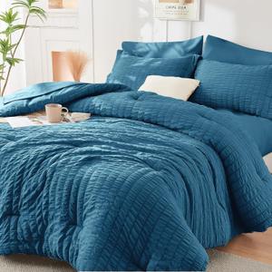 HYMOKEGE Teal Queen Comforter Set Seersucker 7 Pieces, All Season Luxury Bed in a Bag for Bedroom, Bedding Set with Comforters, Sheets, Pillowcases & Shams