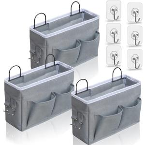 3pcs Middle Wall Hanging Organizer Bag, Linen Fabric Door Hanging Storage Basket with Pockets, Waterproof Bin for Kitchen, Bedroom, Office, RV Camper (Gray)