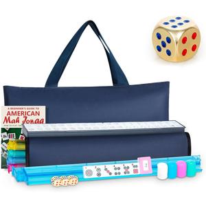 American Mahjong Tile Set, Mah Jong Set Complete with Bag, 166 White Tiles with Golden Dices for Travel, 4 All-in-One Mahjong Racks with Pushers (Blue)