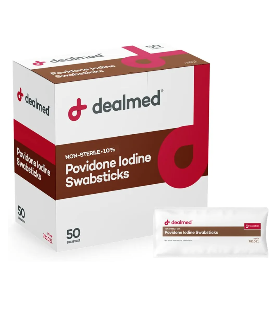 Dealmed Povidone Iodine 10% Swabsticks - Individually Sealed Packets Perfect for Wound Care and Portable First Aid Kits, 50/Box (Pack of 1)