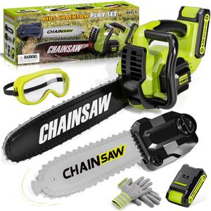 Pandapop 2 in 1 Kids Gardening Tools Set, Toy Chainsaw with Realistic Sounds, Kids Tool Set with Glasses & Gloves, Christmas Halloween Birthday Gifts for Boys & Girls 3 4 5 6 7 | Toy Chainsaw with Realistic Sounds, Includes Glasses & Gloves, Toddler Outdoor Toys Tools, Christmas Halloween Birthday Gifts