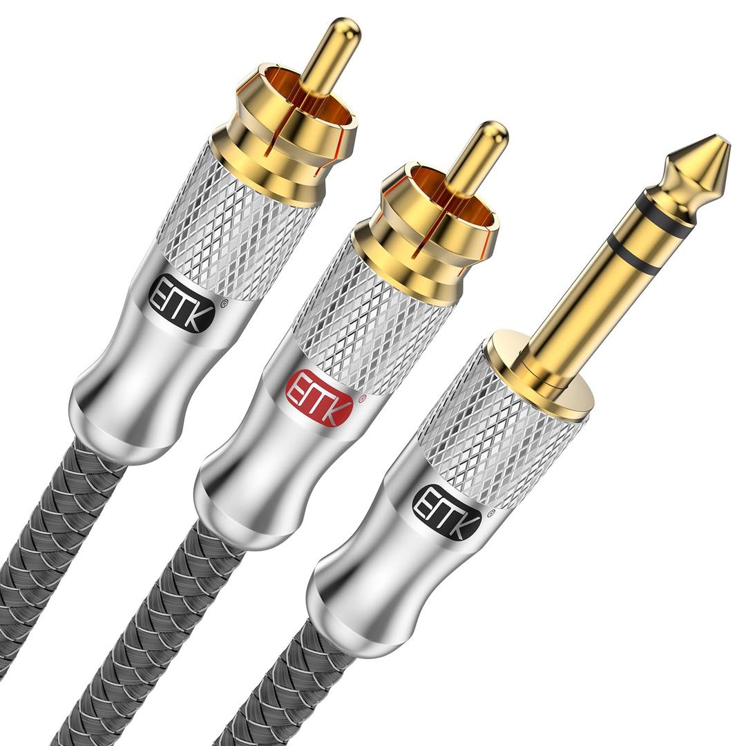 EMK 1/4 to RCA Cable, Quarter inch TRS Male to 2RCA Male Audio Cable 6.35mm Stereo Jack to Dual RCA Insert Cable Y Splitter Cord(1.5Ft/0.5M,Silver)