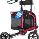 WALK MATE 3 Wheel Rollator Walker with Seat for Slim Seniors, Padded Backrest Lightweight Foldable Travel Walker Ideal for Elderly, 8 Inch Tri-Wheel Modern Mobility Walking Aid Aluminum, Red