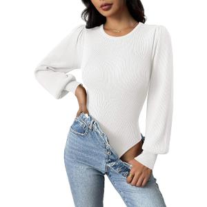 Zeagoo Women 2026 Long Puff Sleeve Sweater Fall Slim Fit Pullover Tops Crewneck Ribbed Knit Bodysuit Jumpsuit (Large, White)