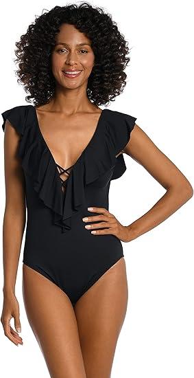 La Blanca Women's One Piece Swimsuit Over The Shoulder Ruffle Sleeve Tummy Control Island Goddess Bathing Suit, Size 8