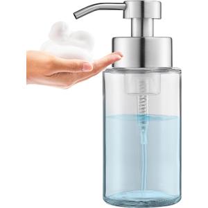 Doiliese Glass Foaming Hand Soap Dispenser, 10 oz Easy Refill Glass Soap Dispenser, Foam Dispenser with Stainless Steel Pump & Waterproof Labels, Clear Foam Soap Bottle for Bathroom Countertop (Brushed Nickel Foam 1pc)