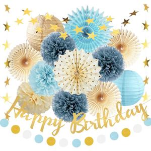 Blue Boho Birthday Decorations Light Dusty Blue Party Decorations Happy Birthday Banner Paper Pom Poms Fans Paper Lanterns for Men Women Boys Girls Birthday Party Decor