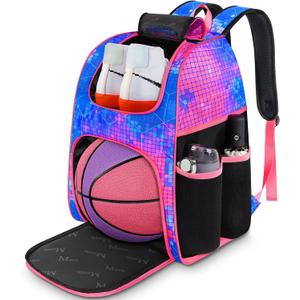 MATEIN Basketball Bag, Sturdy Soccer Bag with Ball Holder & Shoe Compartment, Large Basketball Backpack for Training Equipment, Water Resistant Sports Ball Backpack Fits Volleyball Football, Colorful (Pink)