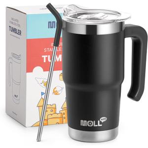Travel Coffee Mug with Handle-16 oz Stainless Steel Vacuum Insulated Tumbler with Lid and Straw-Reusable Metal Cup with Silicone Pad, Leak Proof-BPA Free (Black)