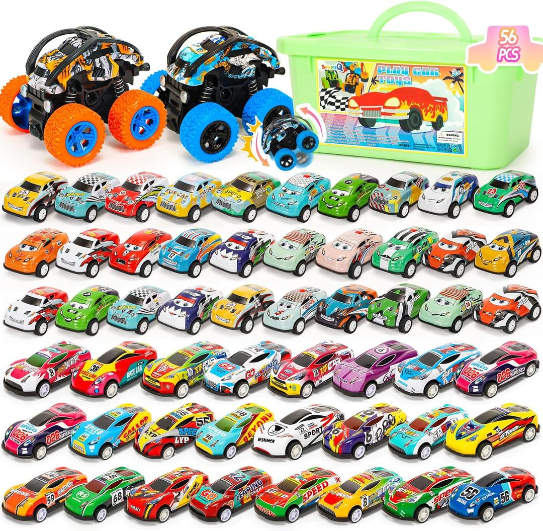 Toy Cars for Kids Ages 4-8, 56Pcs Monster Truck Toys Pull Back Cars with Storage Box, Race Cars Party Favors for Toddler Toys Pinata Goodie Bag Stuffers Christmas Treasure Box Classroom Prizes