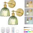 Vintage Battery Powered Cordless Wall Sconce Set of 2, Battery Wall Sconce with Green Glass Lampshade, Rechargeable Battery Powered Wall Lights with Remote Control for Bedside Bedroom Doorway