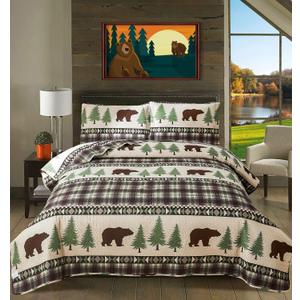 CHESITY Lodge Bedspread Twin Size,3 Piece Rustic Cabin Quilt Set Brown eBar Green Pine Tree Coverlet Lightweight Soft Reversible Plaid Stripe Bed Cover Farmhouse Decor for All Season(68"x 86")