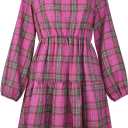 FANCYINN Womens Long Sleeve Buffalo Plaid Shift Tunic Dress Ruffle Hem Vneck Casual Swing Babydoll Mini Dress with Pockets (X-Small, Rose Red Plaid)