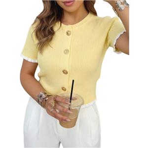 SOLY HUX Women's Button Up Short Sleeve Cardigan Lightweight Fitted Sweater Ribbed Knit Tops (M)