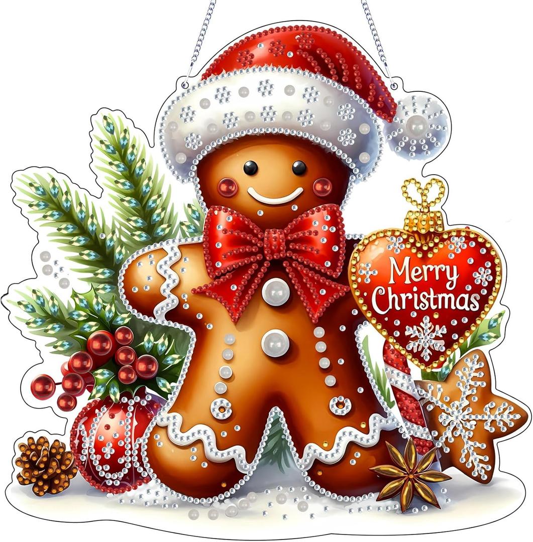 VODAPYC Christmas Diamond Art Hanging Kit for Adults, DIY Double Sided Special Shaped Diamonds Art Window Pendant Ornament for Home Decor(Gingerbread Man)
