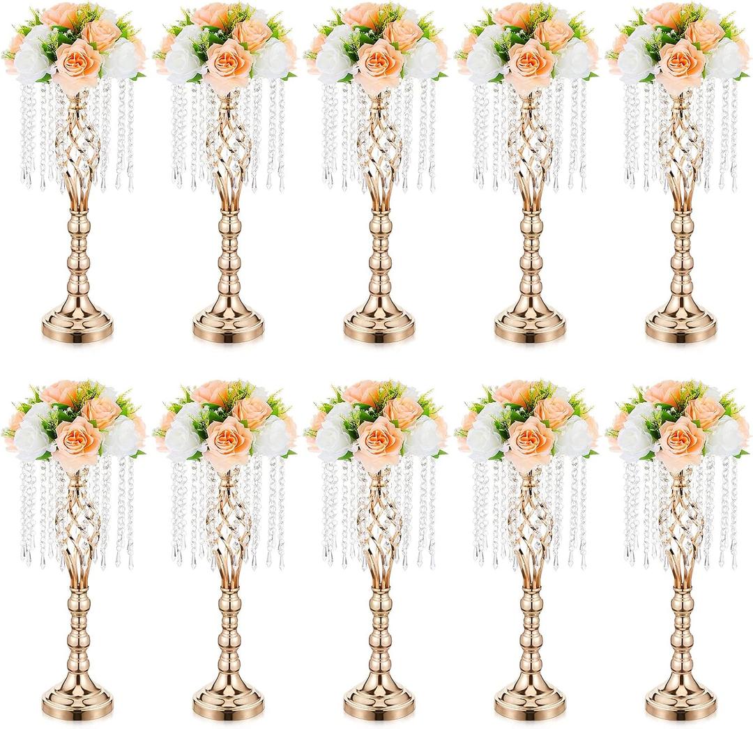 Amylove 10 Pcs Gold Wedding Centerpieces for Tables - 21.7 Inch Tall Metal Flower Stand with Crystal, Geometric Vase for Flower Arrangement Table Decor for Wedding Reception Party Banquet