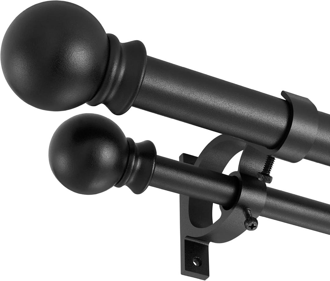 Matte Black Double Curtain Rods 36-72 Inch,1Front and 5/8Back Double Drapery Rod with Small Round Ball and Aluminum Brackets, Adjustable Dual Window Rod for Sheer/Blackout Curtains