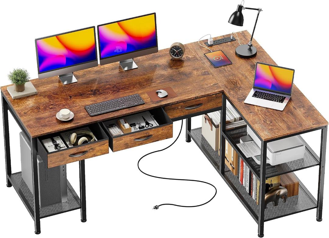 PRAISUN 55 Inch L Shaped Office Desk with Power Outlets and Type-C Port, Large Computer Gaming Desk with 3 Fabric Drawers, Mesh Shelves, Corner Study Work Writing Desk, Rustic Brown