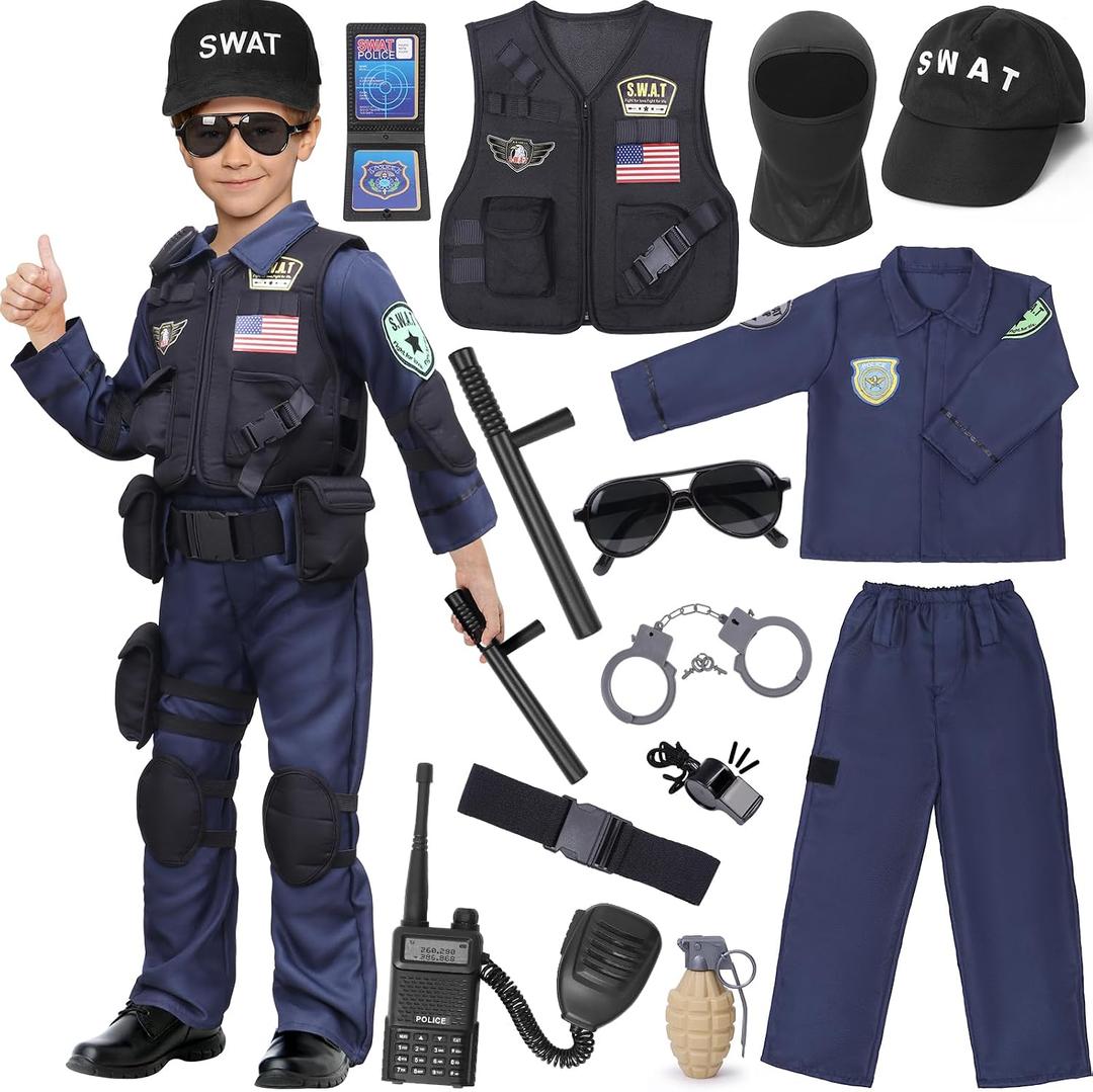 Latocos 15 PCS SWAT Police Officer Costume for Kids with Vest Accessories Cop Dress Up Role Play Set for Halloween Cosplay, Size: S(5-7)