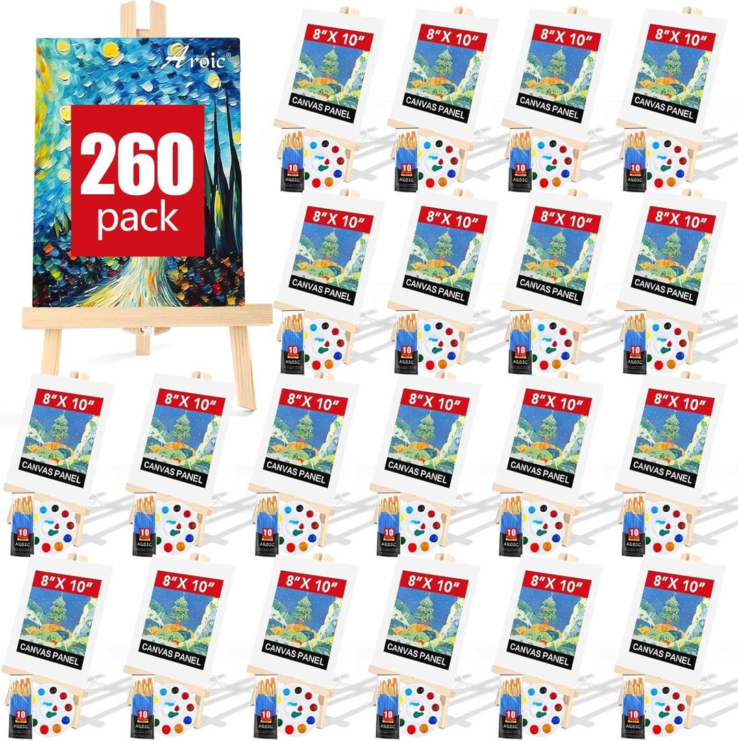 AROIC 260 Pack Easel and Canvas Sets with 20 Wood Easels,200 Brushes,20 Canvas and 20 Palette, Painting Set, Tabletop Easel, Art Easels, Painting Supplies for Kids & Adults to Paint Party