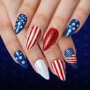 4th of July Press on Nails Medium Almond Patriotic Fake Nails, Red White Blue American Flag Stars Stripes Designs, Glitter Glossy False Nails, Independence Day Stick on Nails for Women Manicure 24Pcs