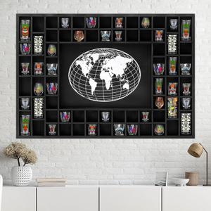 Large World Map 68 Slots Shot Glass Display Case 40 x 28'' Rustic Wood Shot Glass Holder for 7 Sizes Wineglass Bar Shelf Organizer Wall Mount Storage Shadow Cabinet Decor (Black)