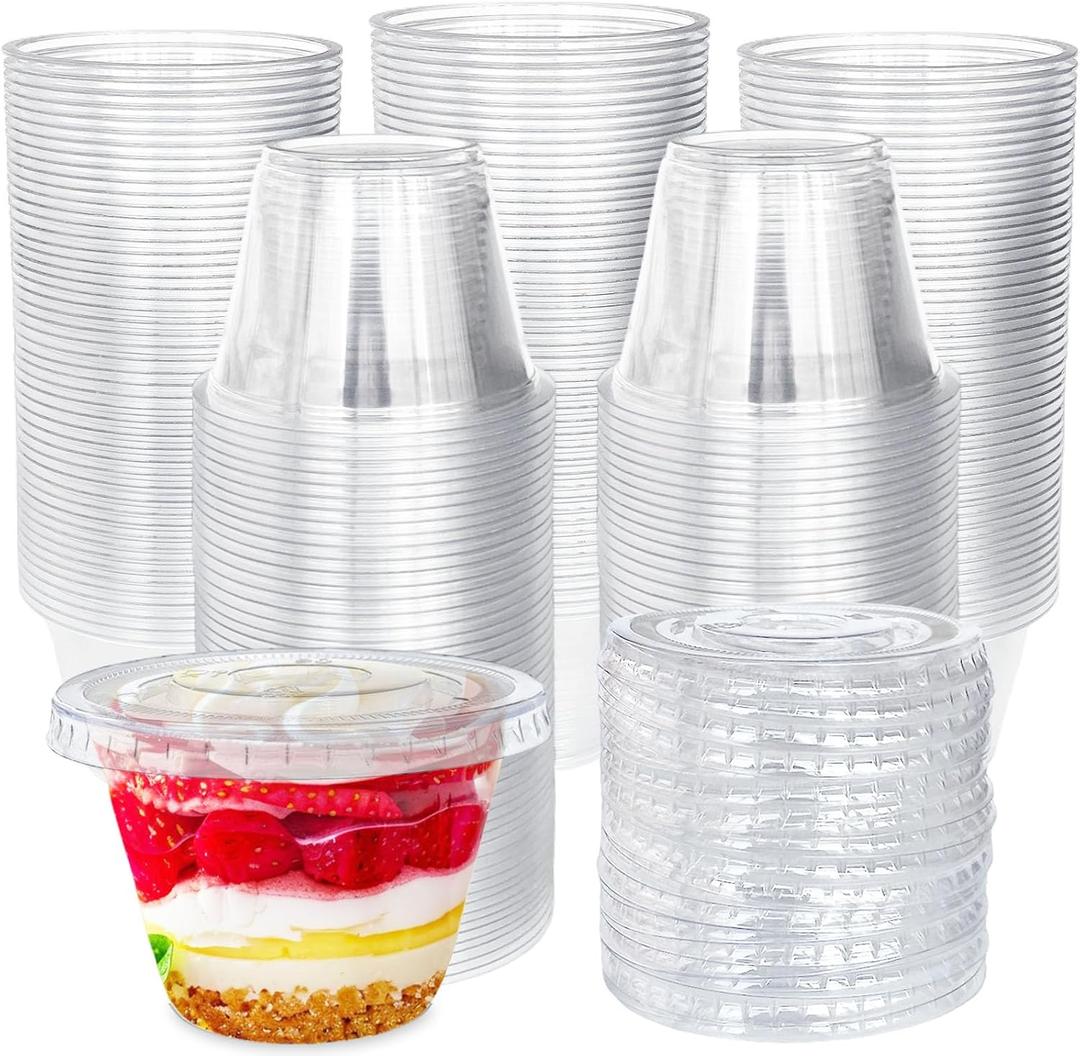 Tiaiidi 100 Pack 6 oz Clear Plastic Cups,Disposable Parfait Cups with Flat Lids(No Hole),Party Dessert Cups for Cold Drinks,Fruit,Cupcake,Ice Cream,Snack