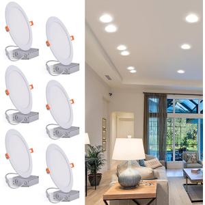 8 Inch LED Recessed Light with Junction Box, 6 Pack Ultra Thin LED Recessed Lighting.6000K Daylight, No Dimmable,18W 8" Recessed Ceiling Canless Wafer Downlight.Slim Can-Killer Lights,CRI80+